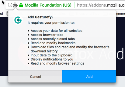 Example of the permissions messages from the Gesturefy extension