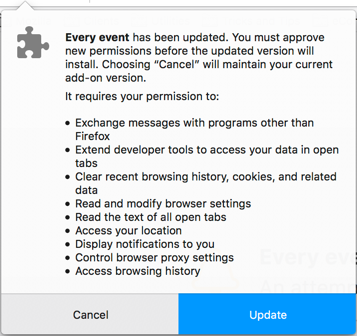 Example of the message displayed when an extension update requests additional permissions