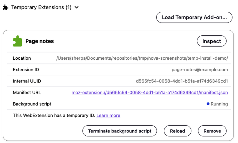 The Temporary Extensions card in Firefox, showing the extension's location, extension ID, and internal UUID