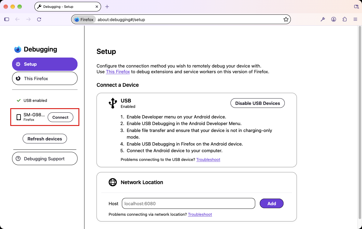 The about:debugging Setup page, with a connected Android device and its Connect button highlighted in the sidebar