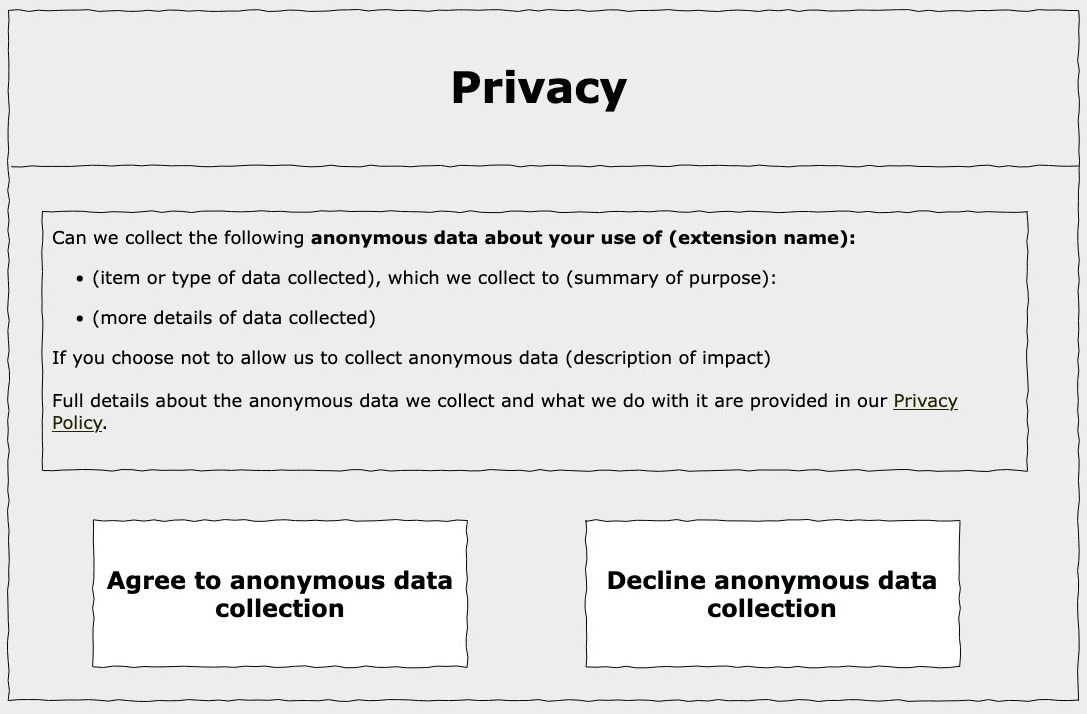 Mockup of a prompt that could be used when an extension requires consent for processing technical data only.