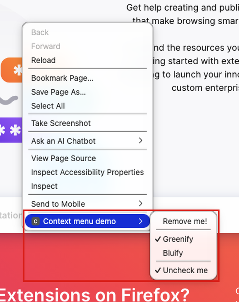The page context menu in Firefox Nova with the items added by the context menu demo extension highlighted