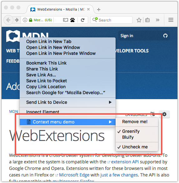 Example of content menu items added by a WebExtension, from the context-menu-demo example