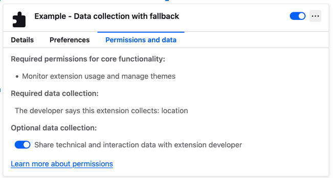 Figure 2: The data permissions are also listed in about:addons