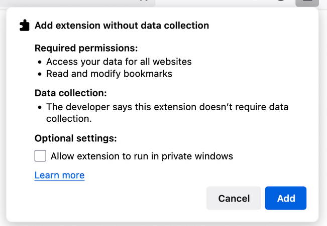 Figure 3: Installation prompt with no data transmission defined in the manifest