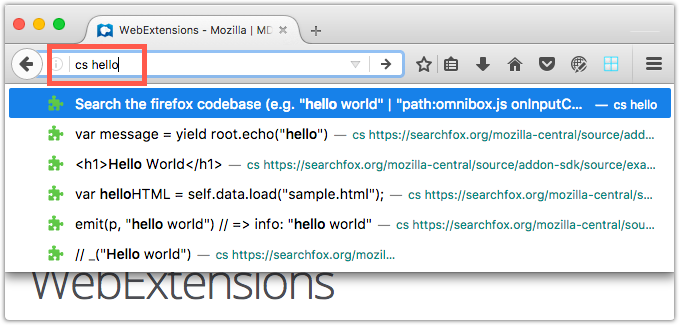 Example showing the result of the  WebExtension's customization of the address bar suggestions.